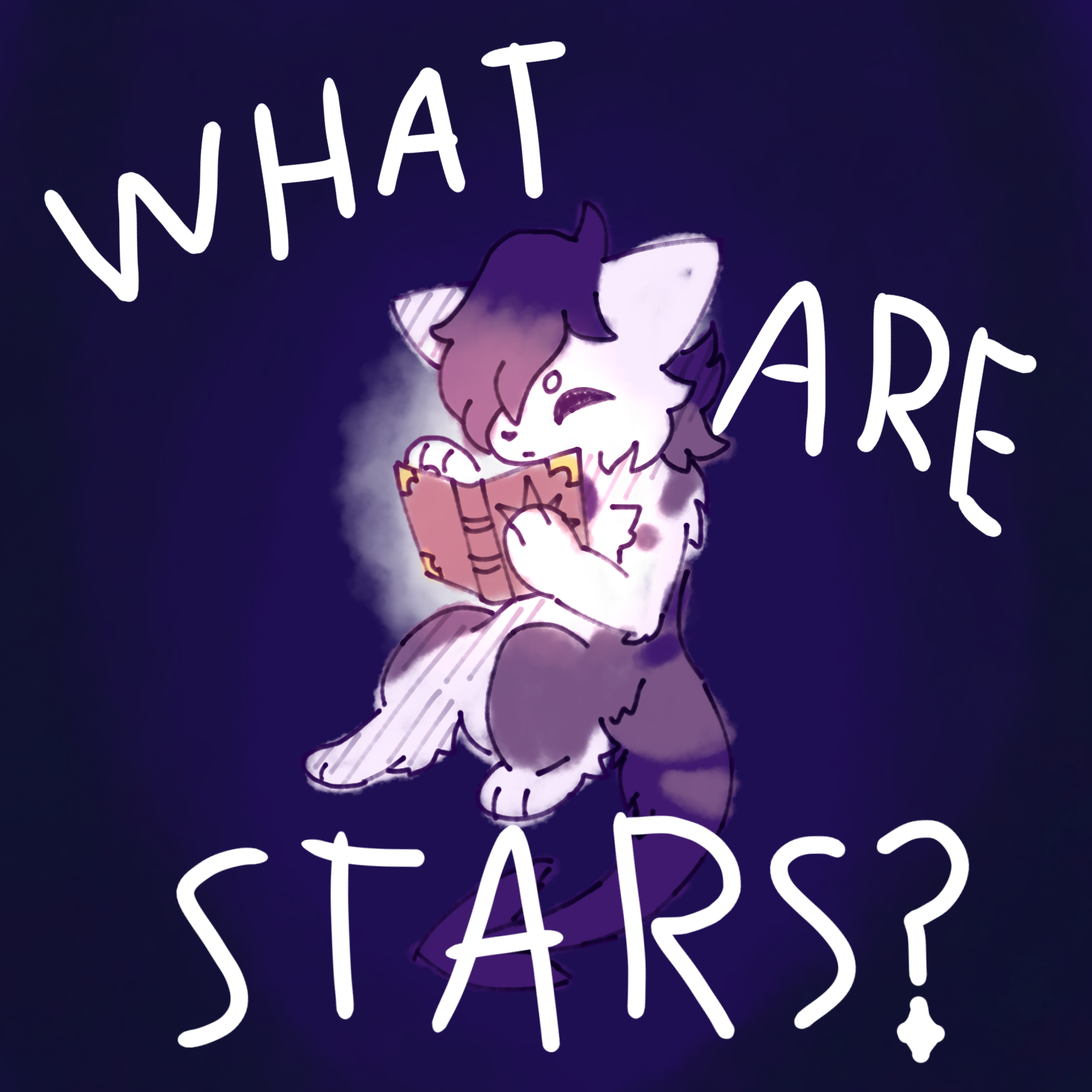 vesper sitting and reading a book, with text on the image: what are stars?